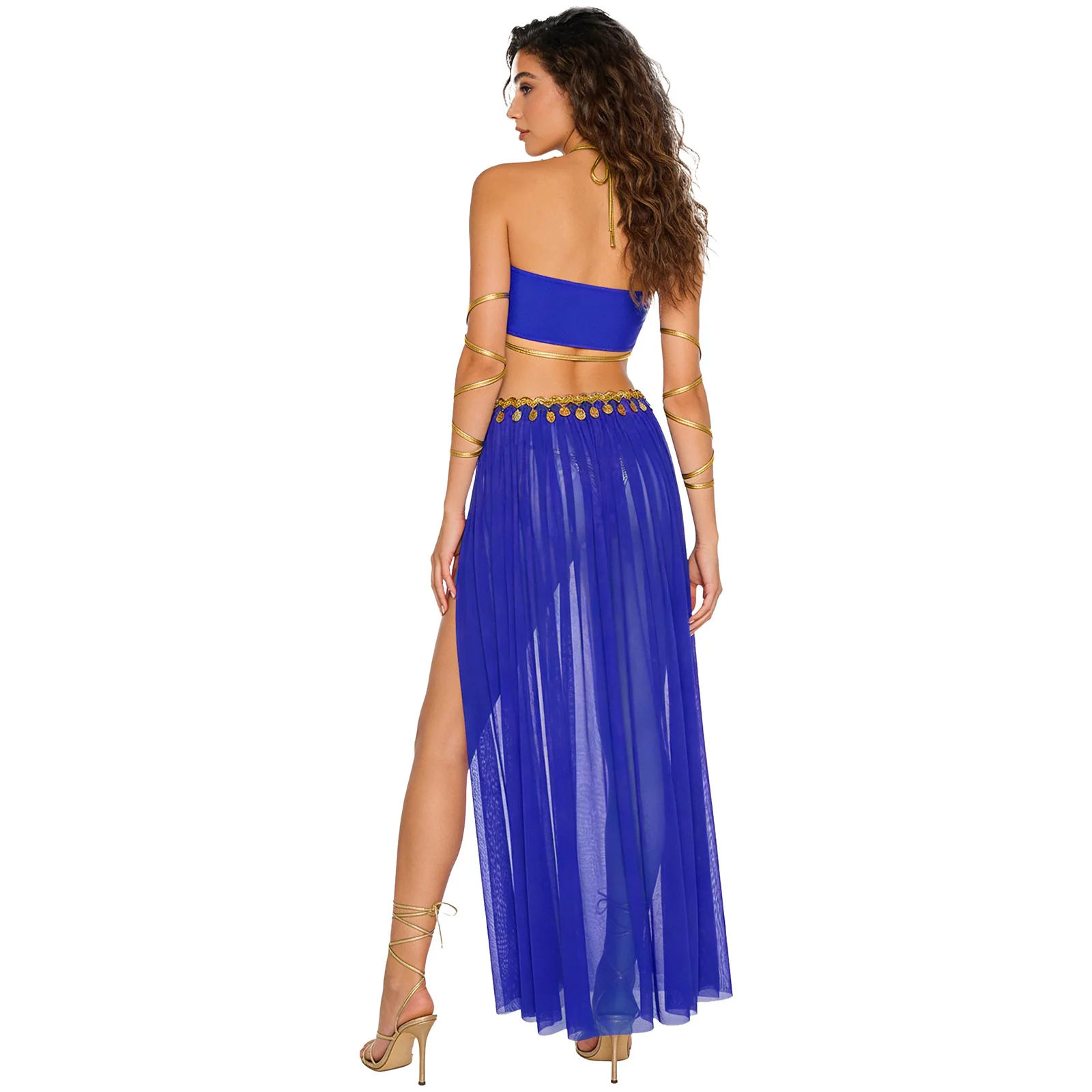 Women 3 Pieces Belly Indian Stage Dance Performance Costume Halter Tops with Mesh Skirt And Metallic Briefs for Party Festival