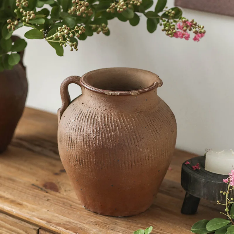 Single Ear Thick Ceramic Vase Decoration with Flower Arrangement Silent Wind Yellow Retro Earth Ceramic