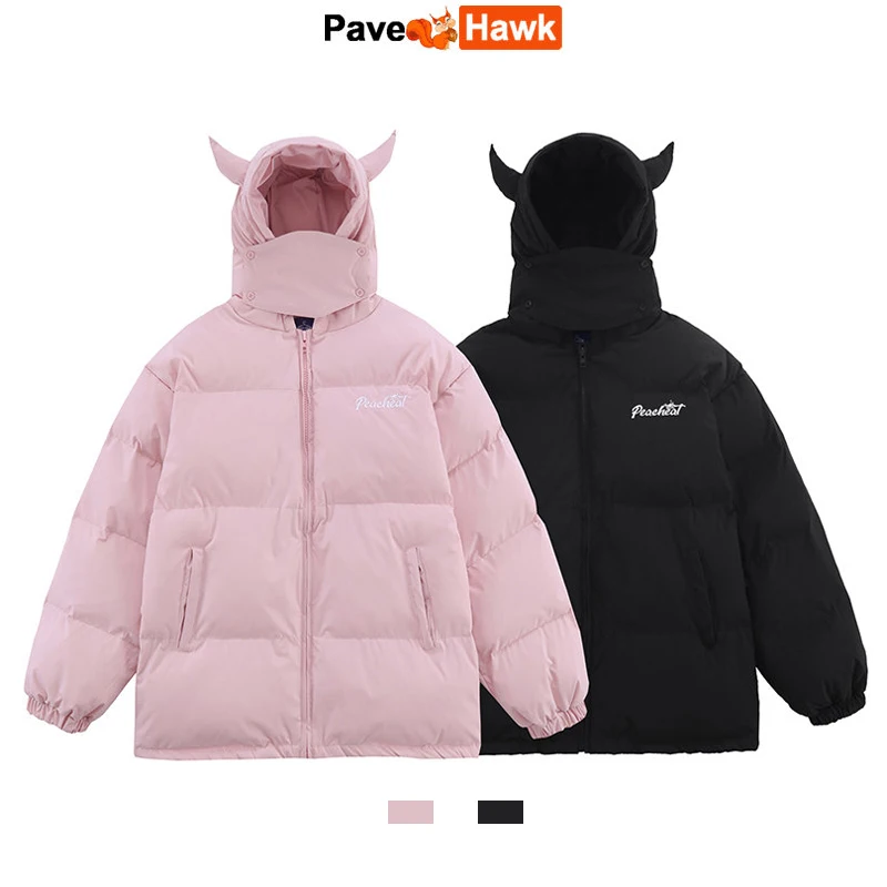 Hooded Parkas Men Winter Devil\'s Horn Solid Color Cotton Padded Jackets Women Loose Hip Hop Harajuku Puffer Bubble Outwear Coats