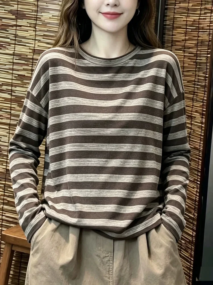 Ladies' Striped Long Sleeve T-Shirt Korean Style Commute Loose Fit Anti-Aging Base Shirt Top for Autumn 2026 Casual Wear
