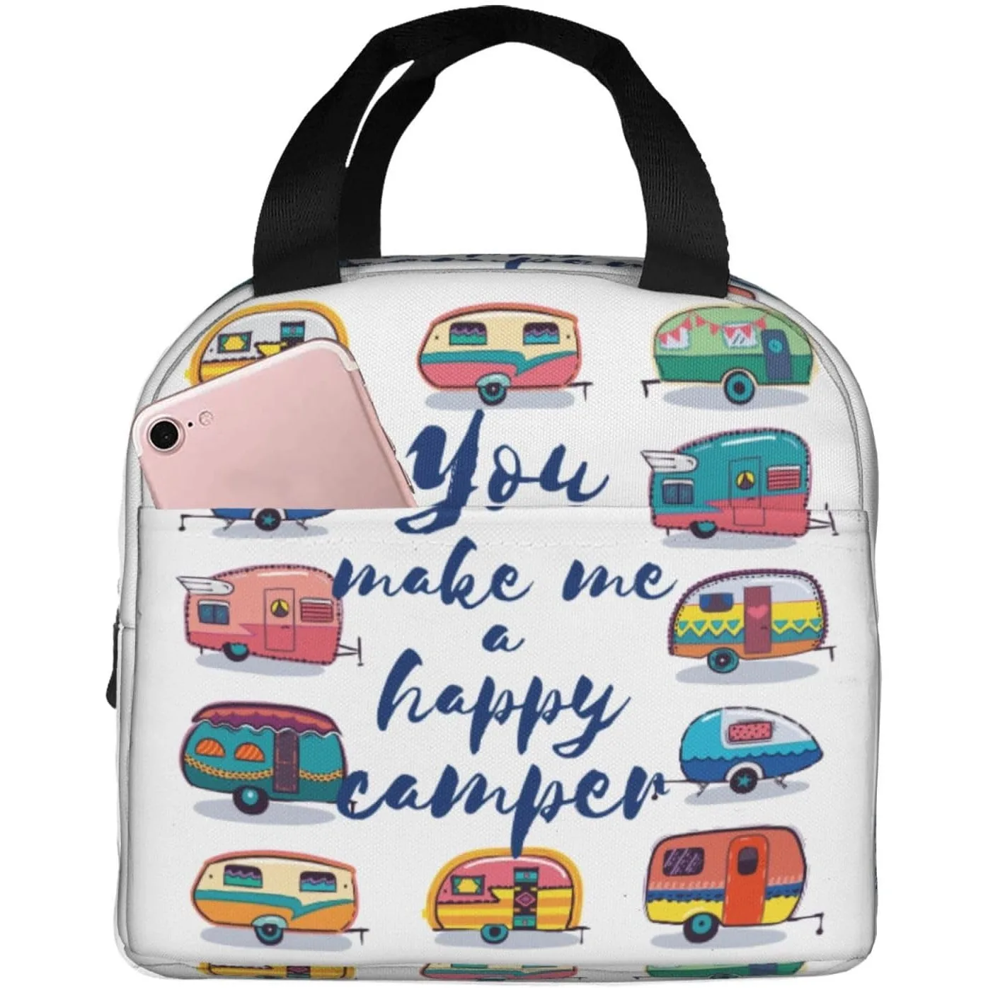 You Make Me Happy Camper Insulated Lunch Bag for Women Men,Reusable Lunchbox Holds Lunch Box