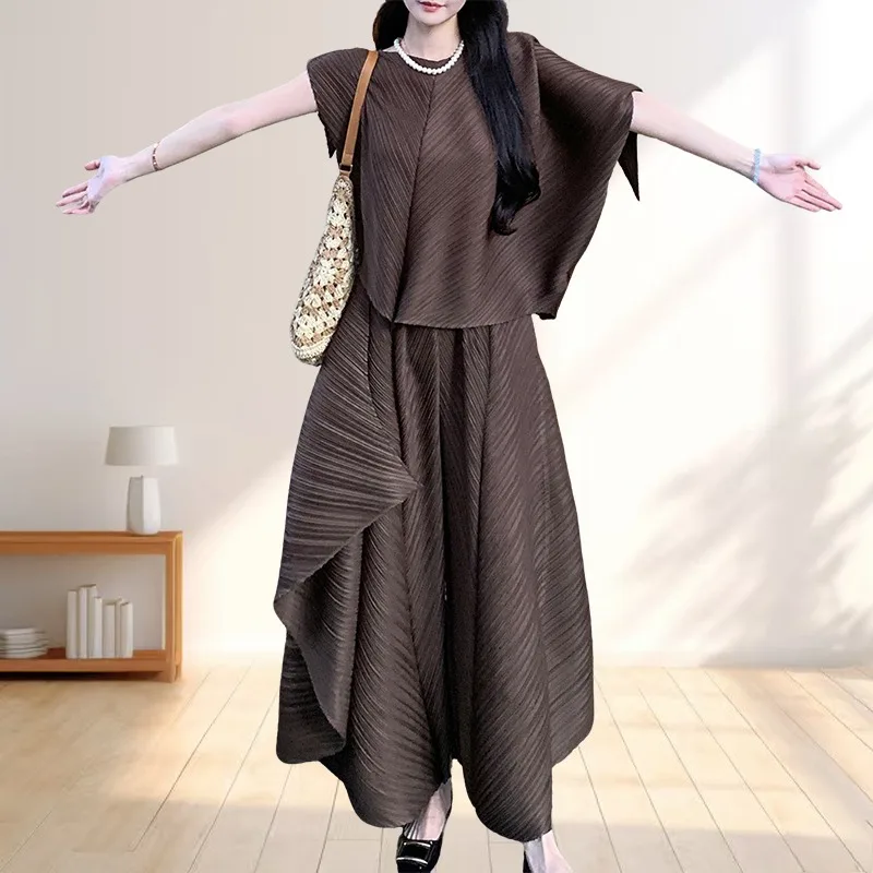 

Женский топ Miyake, плиссированные свободные брюки неправильной формы с широкими штанинами, коричневый комплект из 2 предметов, простая повседневная шикарная корейская одежда, женская одежда