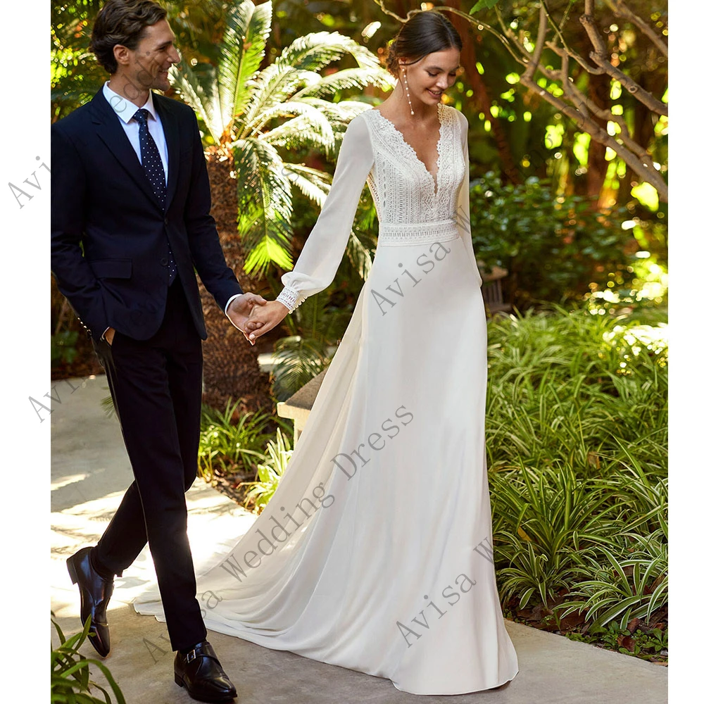 Vestido de novia bohemio de manga larga con cuello en V, vestido de novia de gasa con Espalda descubierta, tren desmontable