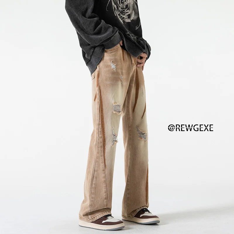 

Мужские джинсы American High Street Vibe, коричневые прямые рваные джинсовые брюки в стиле ретро, молодежные износостойкие длинные брюки