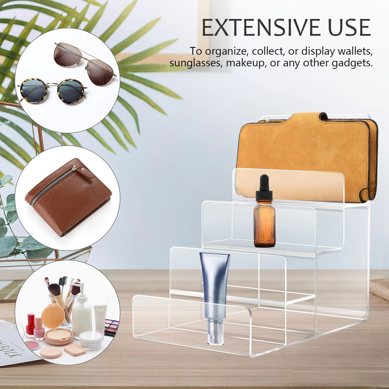 

Acrylic Storage Rack Trapezoidal Design Transparent Display Stand for Accessories Makeup Perfume Retail Store Use