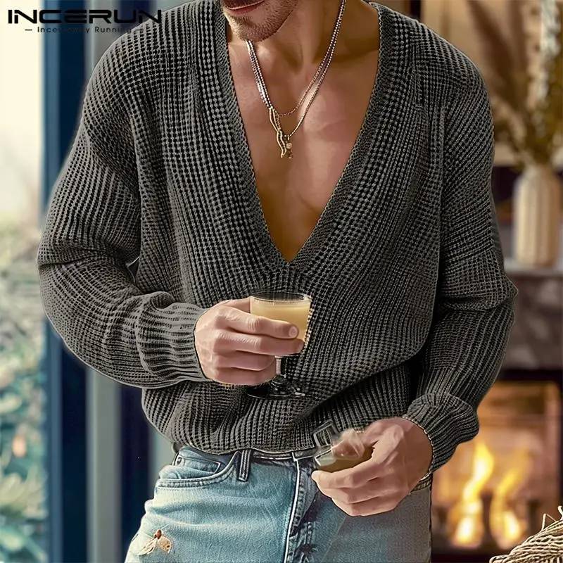 Casual Simple Style Tops INCERUN 2024 Men Deep V-neck Texture Pullovers Fashion Male Solid All-match Long Sleeved Sweaters S-5XL