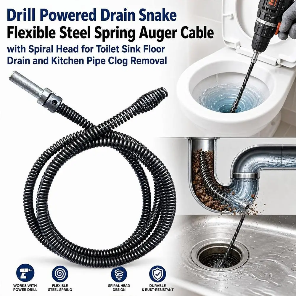 New Steel Drain Snake Drill Powered Flexible Spring Plumbing Snake Bendable Spiral Head Spring Drain Auger Kitchen Pipe Cleaning
