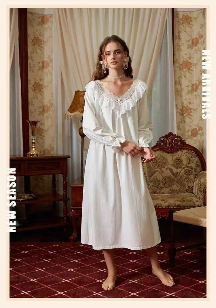 Vintage Pajama Nightdress Retro Hepburn Princess Ruffles Girl Bubble Sleeve Cotton Loose Sleepwear Summer Victorian Nightgowns