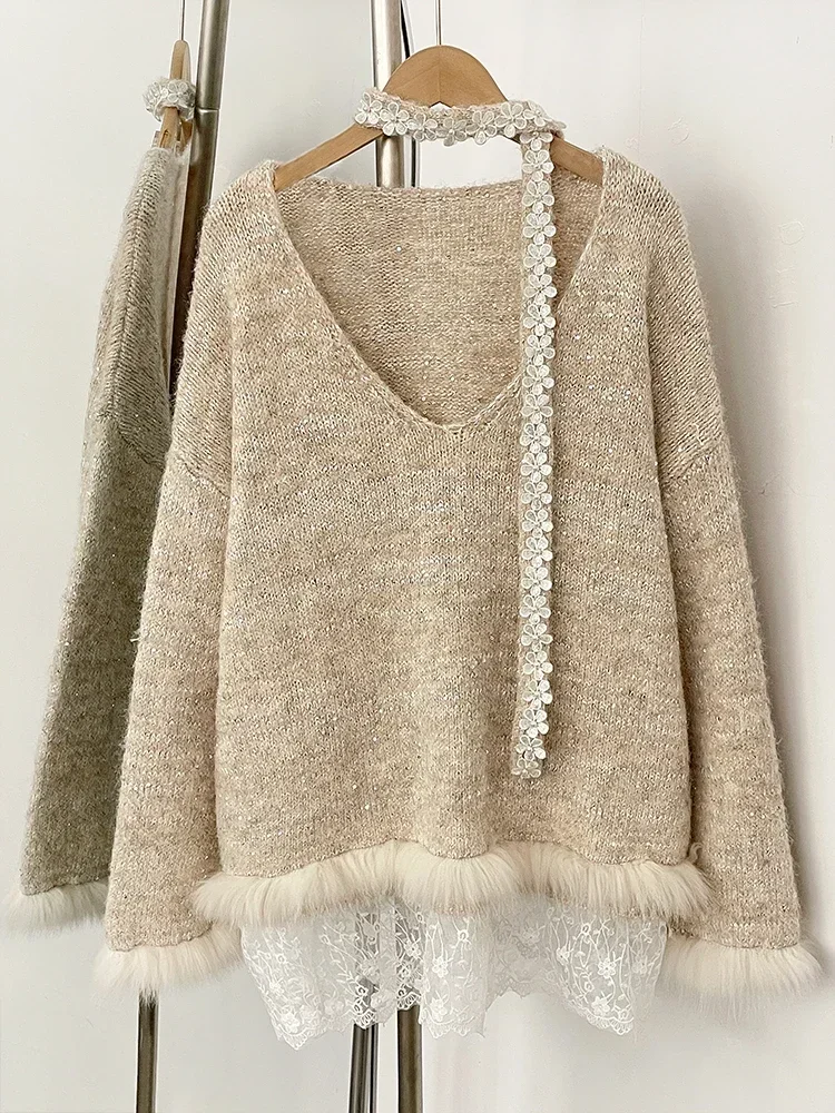 Vrouwen Nieuwe Lente Herfst Top Gebreide Kleding Losse Lint Truien Jas Echt Vossenbont Kant Truien Trui Jas Vrouwelijke
