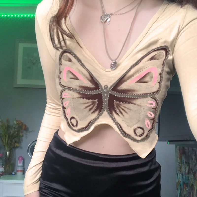 Butterfly Print Y2k Cropped Top Rhinestone Kawaii Brown V-neck Long Sleeve Aesthetics T-Shirt Harajuku Ladies Ruffled Irregular