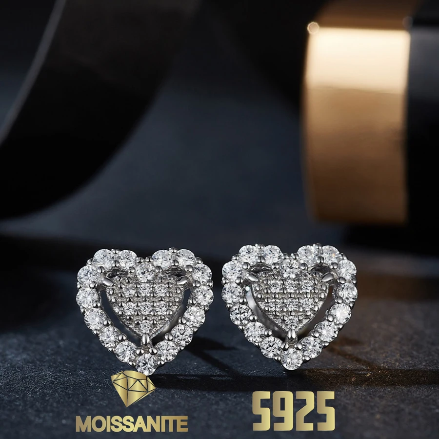 

Heart Earrings Hollow Design Paved Full Moissiante Earring for Women S925 Silver Stud Earrings Gra Certificate Fine Jewelry