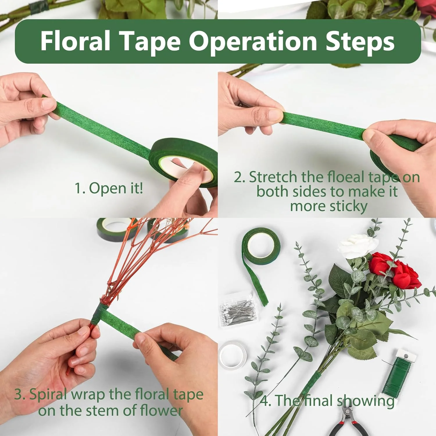 花束用花茎テープ DIY 造花ブーケテープ 自己粘着ラッピン - Floral Tape Green のレビューと価格