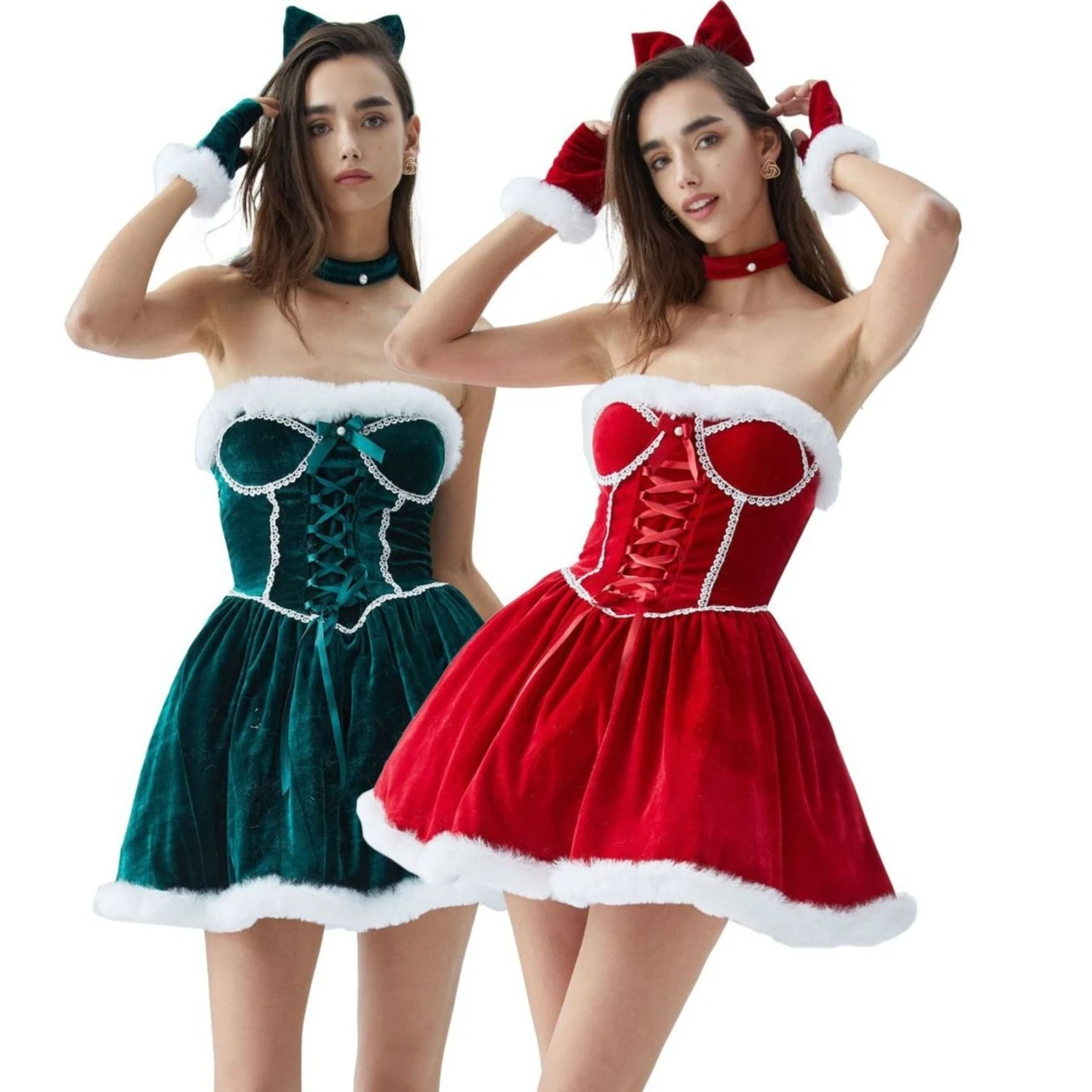

Christmas Dress for Women Party Outfit Red Green Sleeveless Dress Santa Hat Stage Performance Wear 2025 New Year