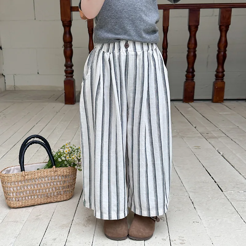 

Children Casual Vacation Style Loose Straight Leg Pants 2025 Summer Girls Soft Cotton Linen Striped Wide Leg Pants