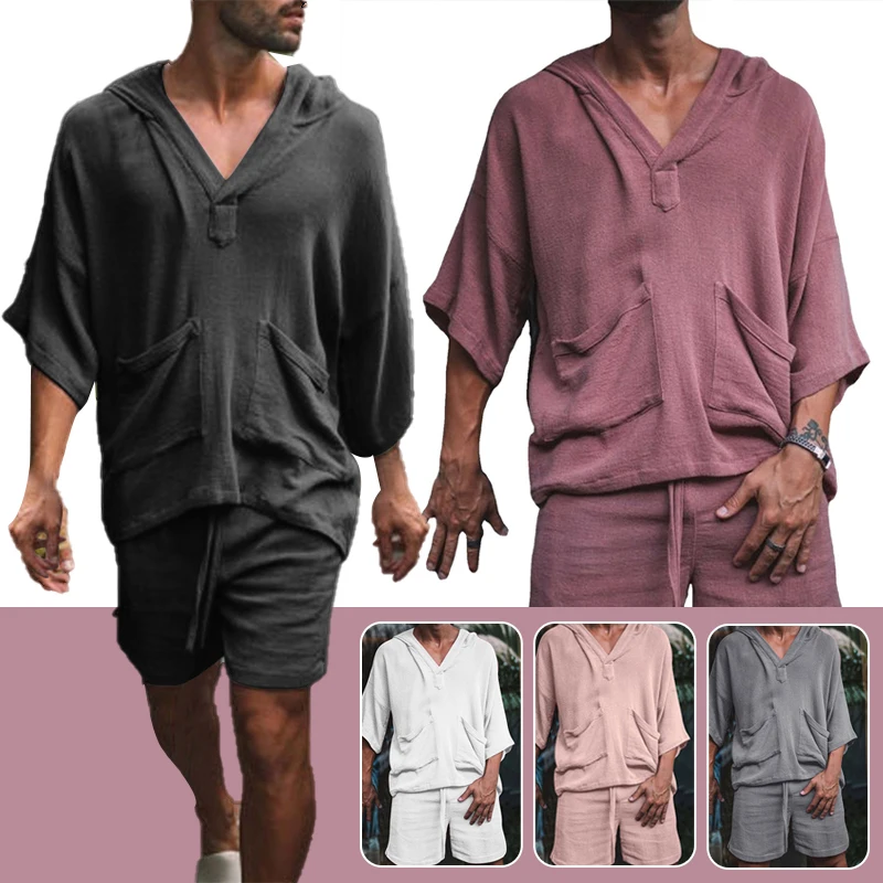 Conjunto de 2 unidades de camisa de lino y algodón para hombre, Tops informales holgados, pantalones cortos, traje, pijamas de manga corta,
