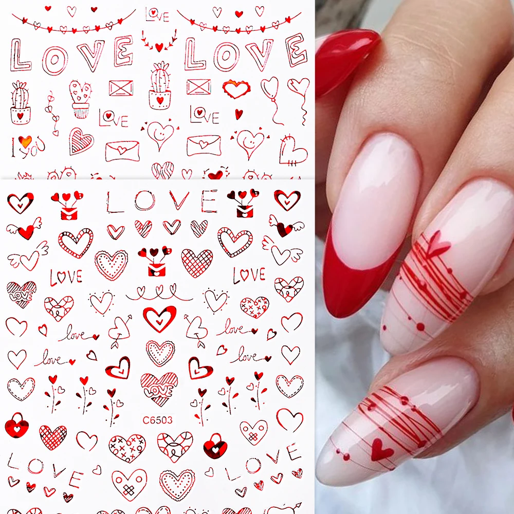 4/6/12Pcs Valentine's Day 3D Nail Art Stickers Red/Black Love Heart Letter Self-Adhesive Slider Manicure Decals Nail Accessories