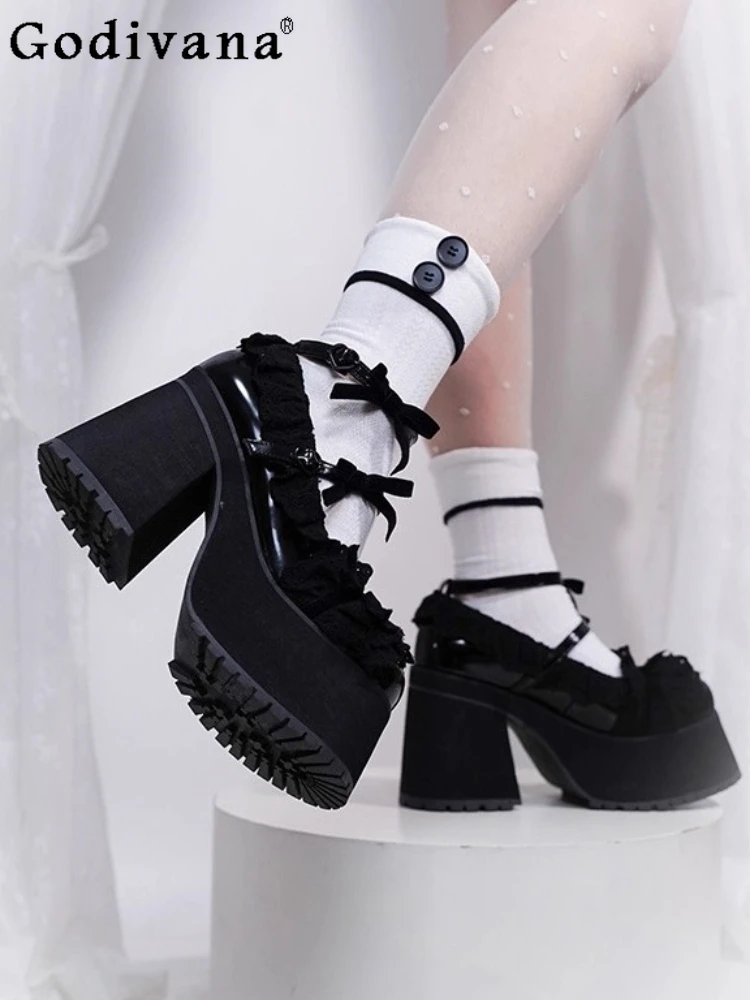 

2025 New Japanese Style Original Lolita Thick-Soled Platform Shoes Lace Bow Round Toe Chunky Heel Sweet Cute Girl Mary Jane Shoe