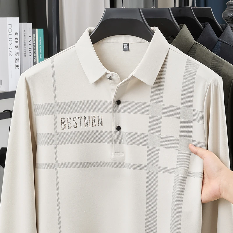 TFETTERS Mens Long Sleeve Minimalist Letter Print Tartan T-shirt Turn Down Collar Anti-wrinkle Soft Smart Casual Men's Tops