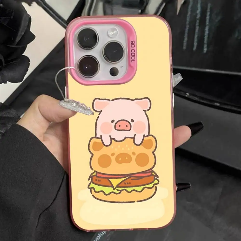 حافظة هاتف كارتون L-LuLu Pig لهاتف آيفون 16,15,14,13,12,11,Pro,Max,Plus, Mini,XS,SE مضادة للسقوط وردي غير لامع مصد صلب