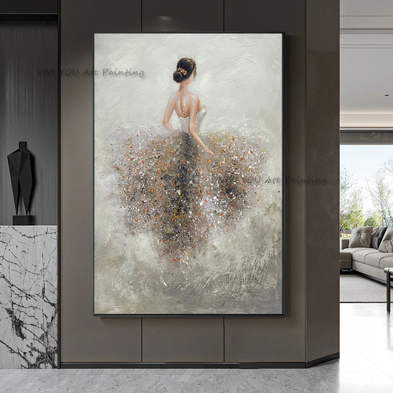 Ballerina Figure Oil Painting on The Wall Handpainted Vertical Canvas Picture for Bedroom Elegant Nordic Home Decor