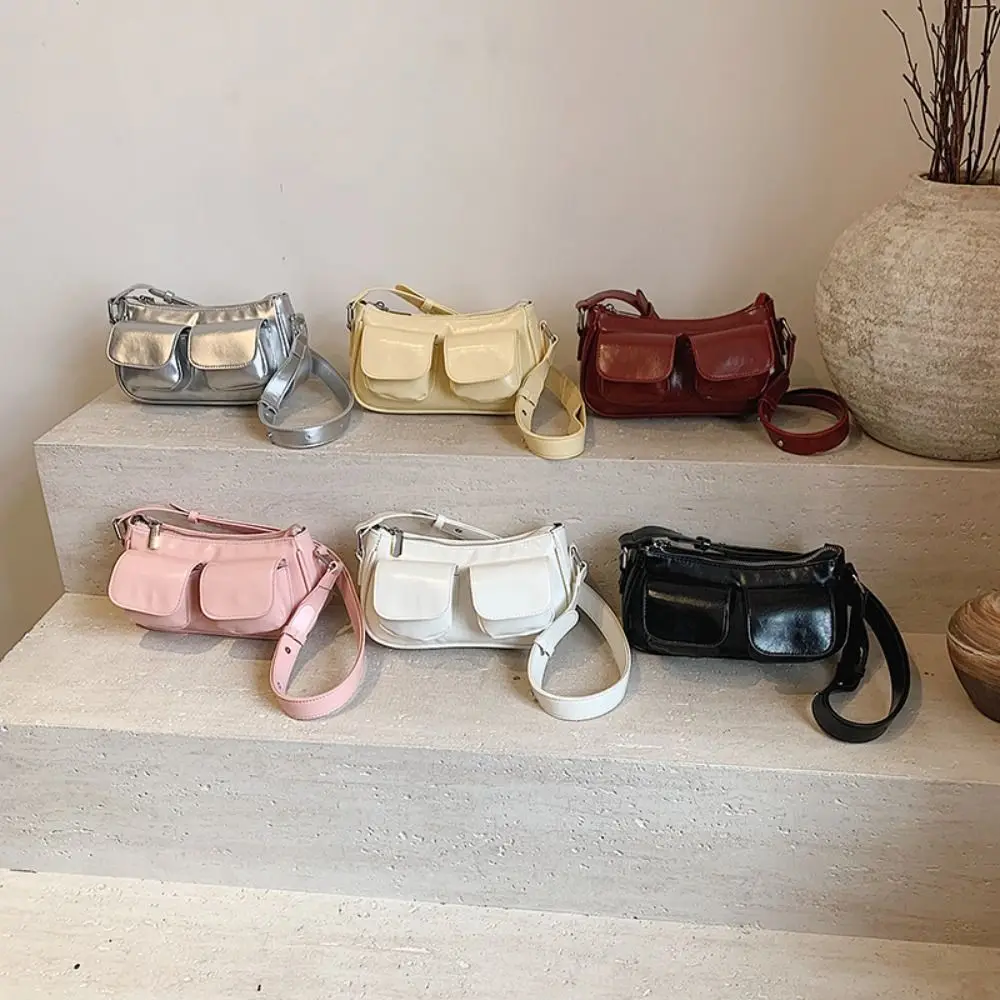 

Zipper Solid Color Crossbody Bag Retro High-capacity Shoulder Bag PU Leather Double Pockets Underarm Bag Ladies