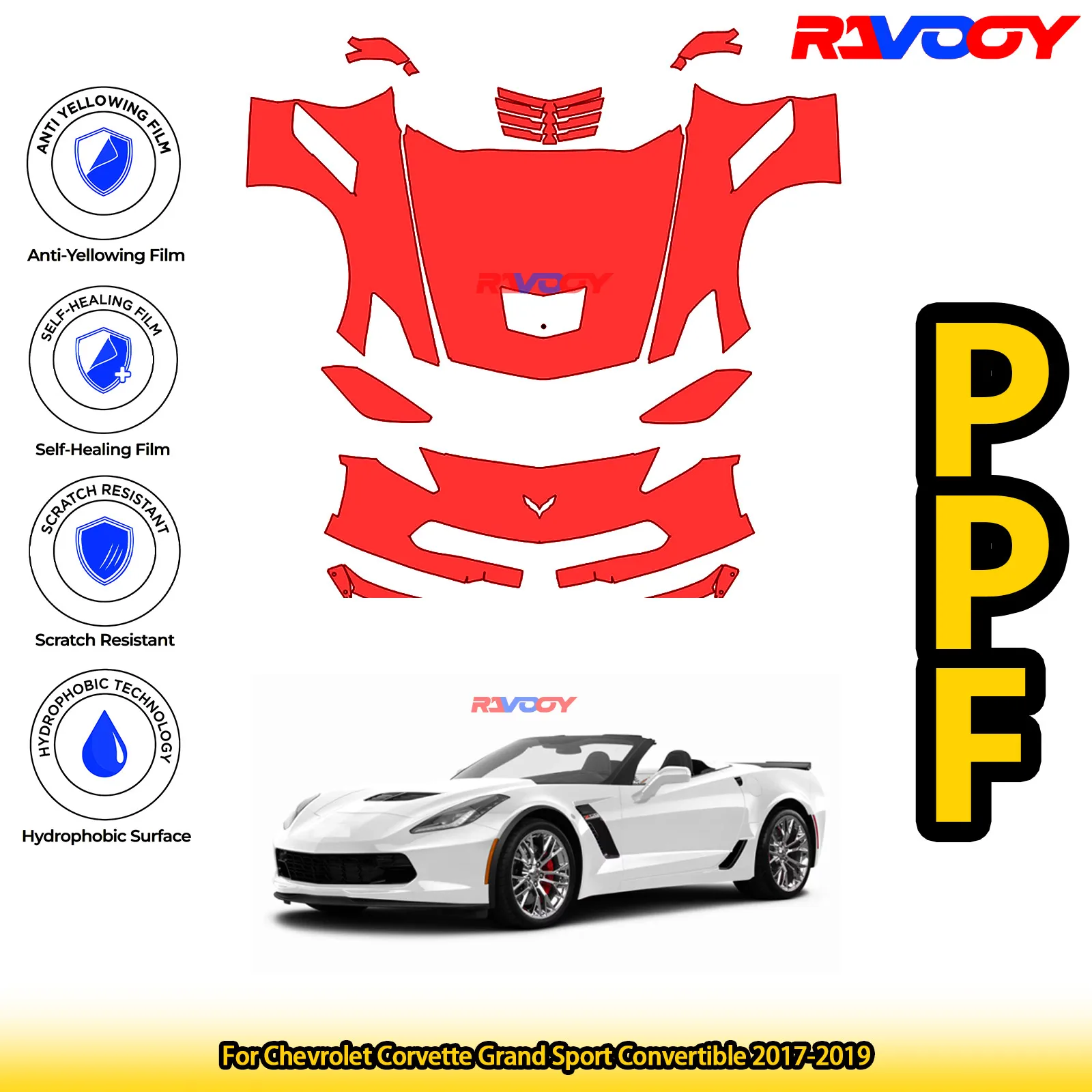 

Для Chevrolet Corvette Grand Sport Convertible 2017-2019 глянцевый матовый черный предварительно вырезанный передний комплект PPF защитная пленка для краски