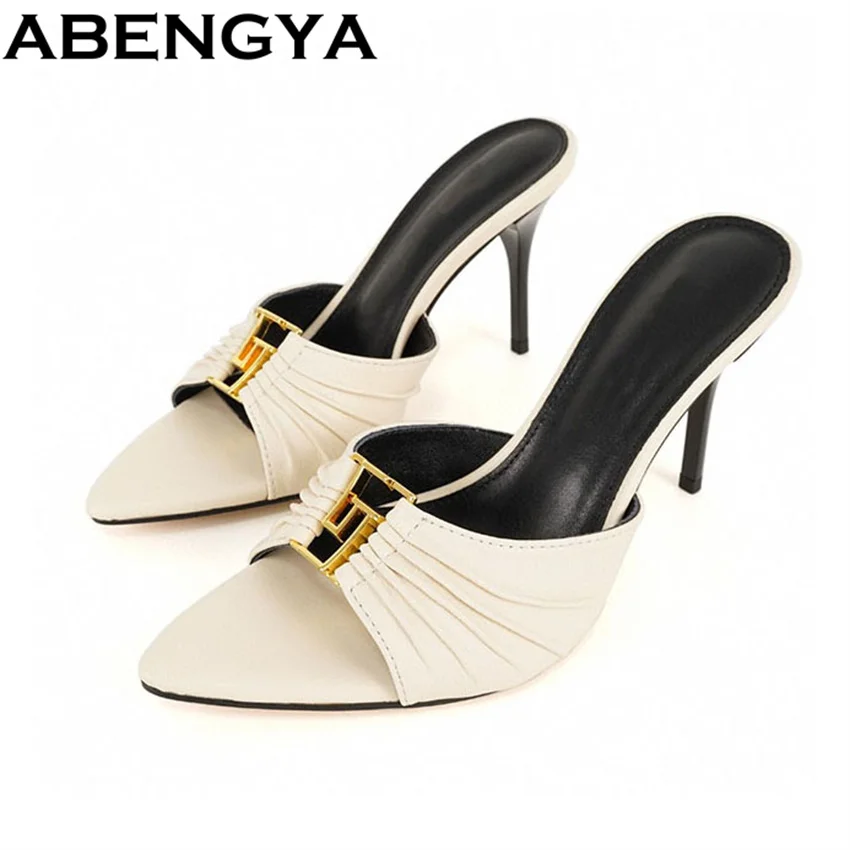 

ABENGYA Pointy Peep Toe Thin High Heels Slippers Women Metal Decoration Fashion Mules Slippers Summer Sexy Dress Party Shoes