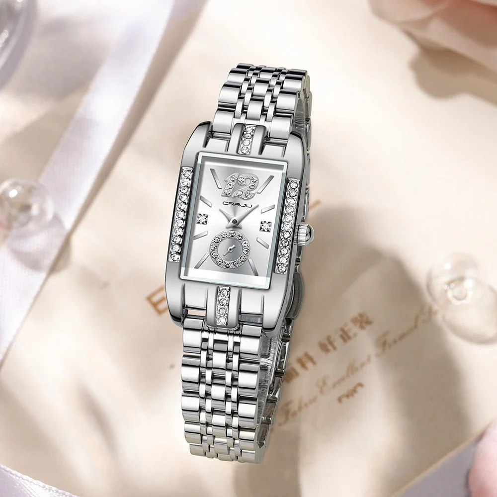 CRRJU Fashion Rectangle Dial Womens Watches Luxury Waterproof Dress Wristwatches with Rhinestones Relogio Feminino