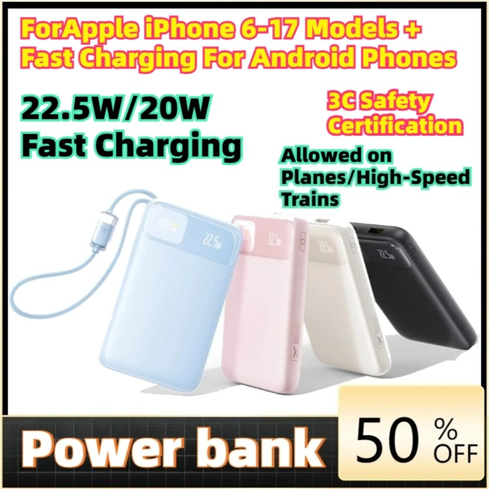 

For iPhone 17 Pro Max Samsung S25 Xiaomi Poco 10000mAh Power Bank 34W Built-In Dual USB-C Cable Thinner Fast Charging