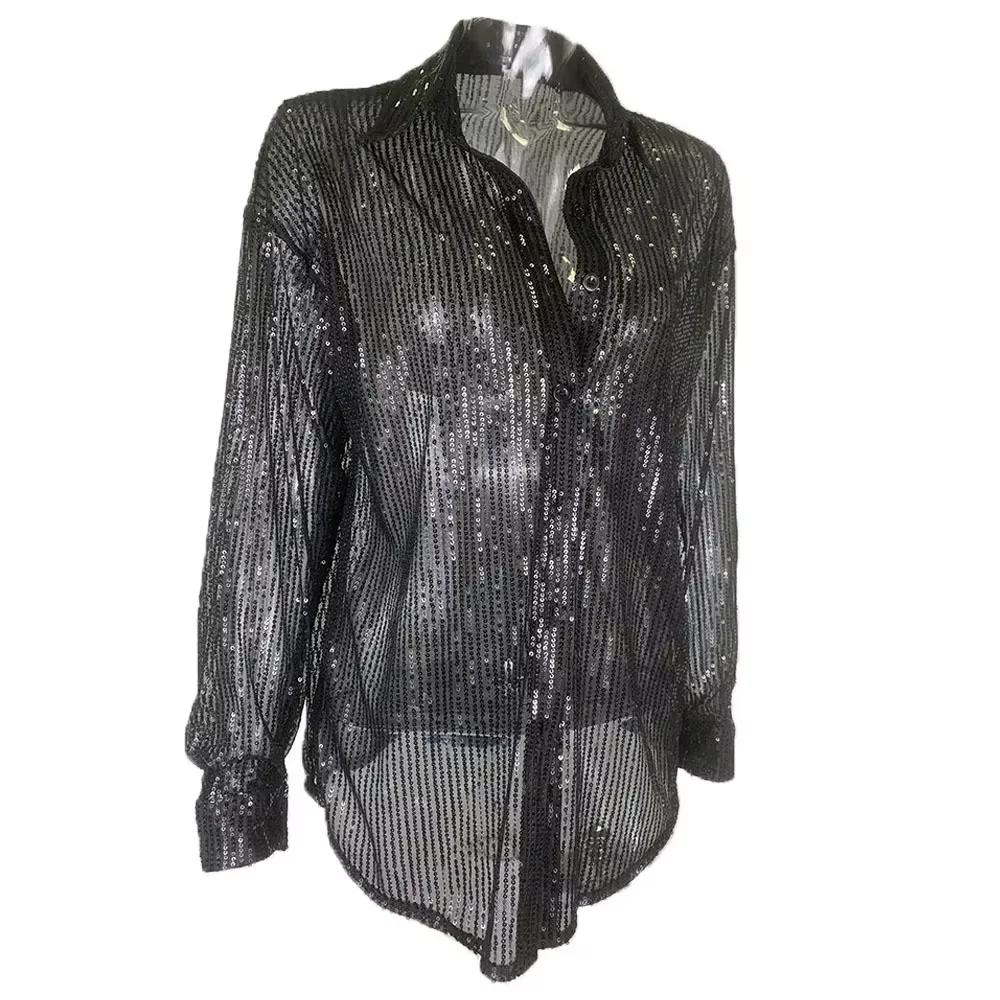 2025 Trendy Plus Size Sequin Sparkle Shirt - Vintage Collared Loose Fit Long Sleeve for Spring image 6