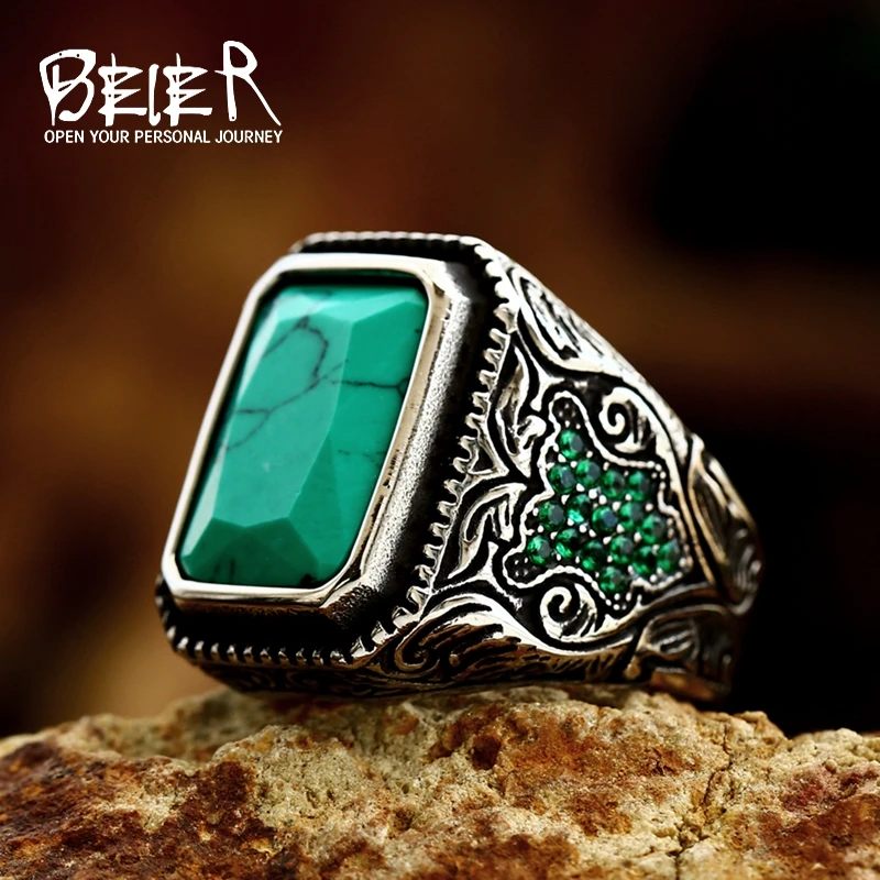 Beier grüne stein fingerringe für männer männliche mode edelstahl schmuck anel charme geschenk BR8-698