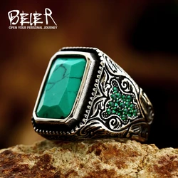 BEIER Green Stone Finger Rings For Men Male Fashion Stainless Steel jewelry Anel Charm Gift BR8-698