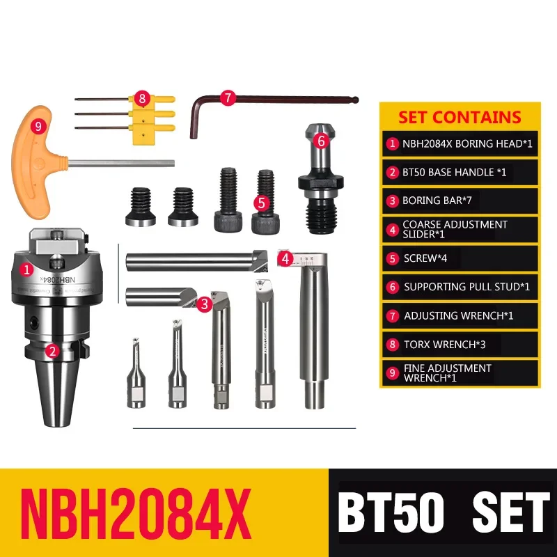 working range 8-320mm BT50-NBH2084X high Precision 0.005 NBH 2084x boring head with 7Ppcs XBJ boring bars CNC boring tools