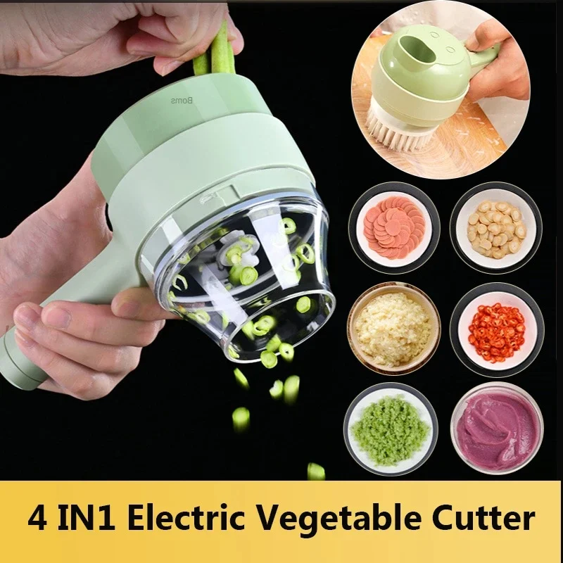 4 In 1 Multifunction Food Chopper Slicer Electric Vegetable Cutter Masher USB Wireless Garlic Crusher Grinder Kitchen Gadgets