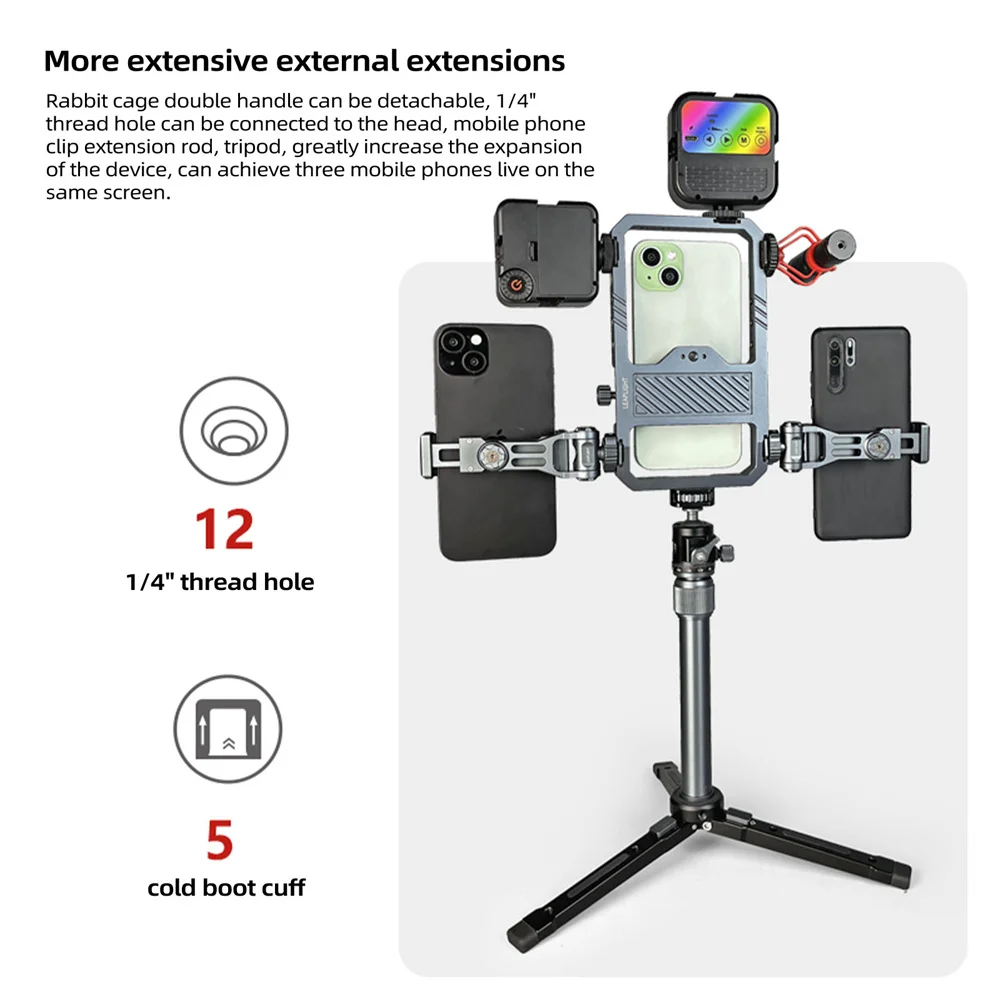 Imagem -03 - Universal Metal Phone Cage com Handgrip Estabilizador Inteligente Suporte Remoto para Iphone Andriod Mic Luz Led Cinema Vídeo