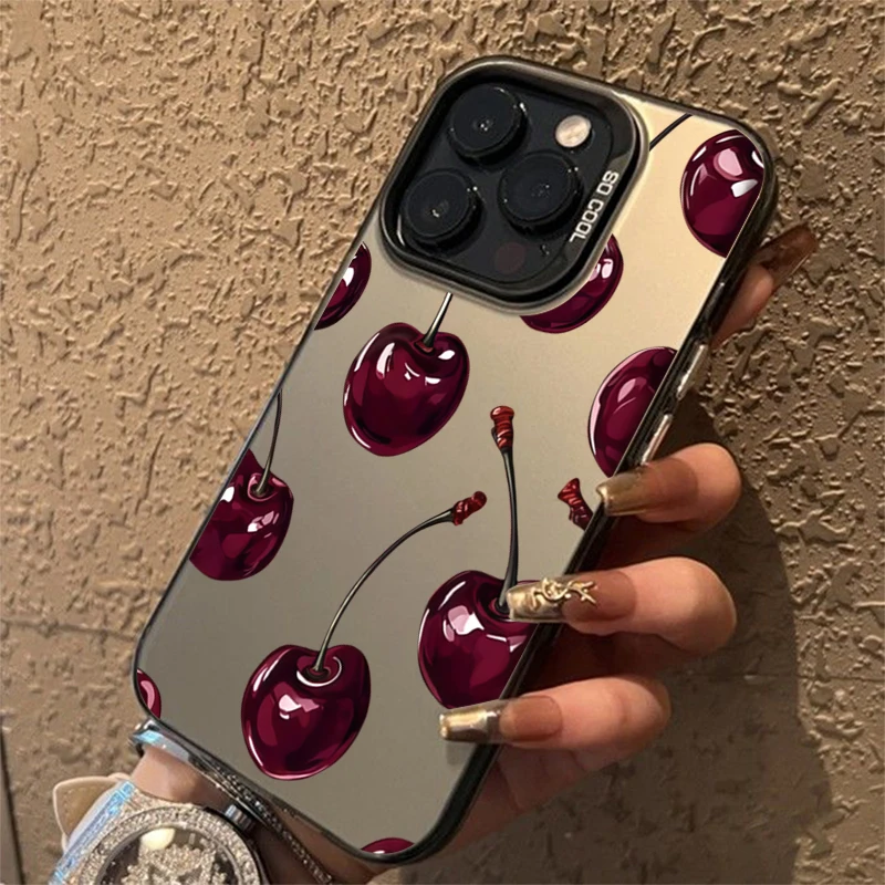 Cute Cherry Pattern Electroplate Silver IMD Phone Case For iPhone 17 16 15 14 13 12 11 Pro Max 17 Ai