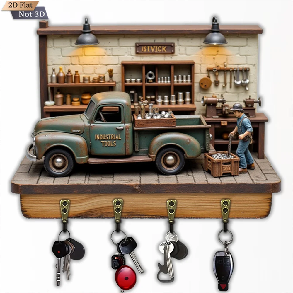 2D Flat, 1pc, Retro Industrial Style Truck Key Hook, Wooden Multifunctional Home House Key Hook, with Four Metal Hooks, Wall