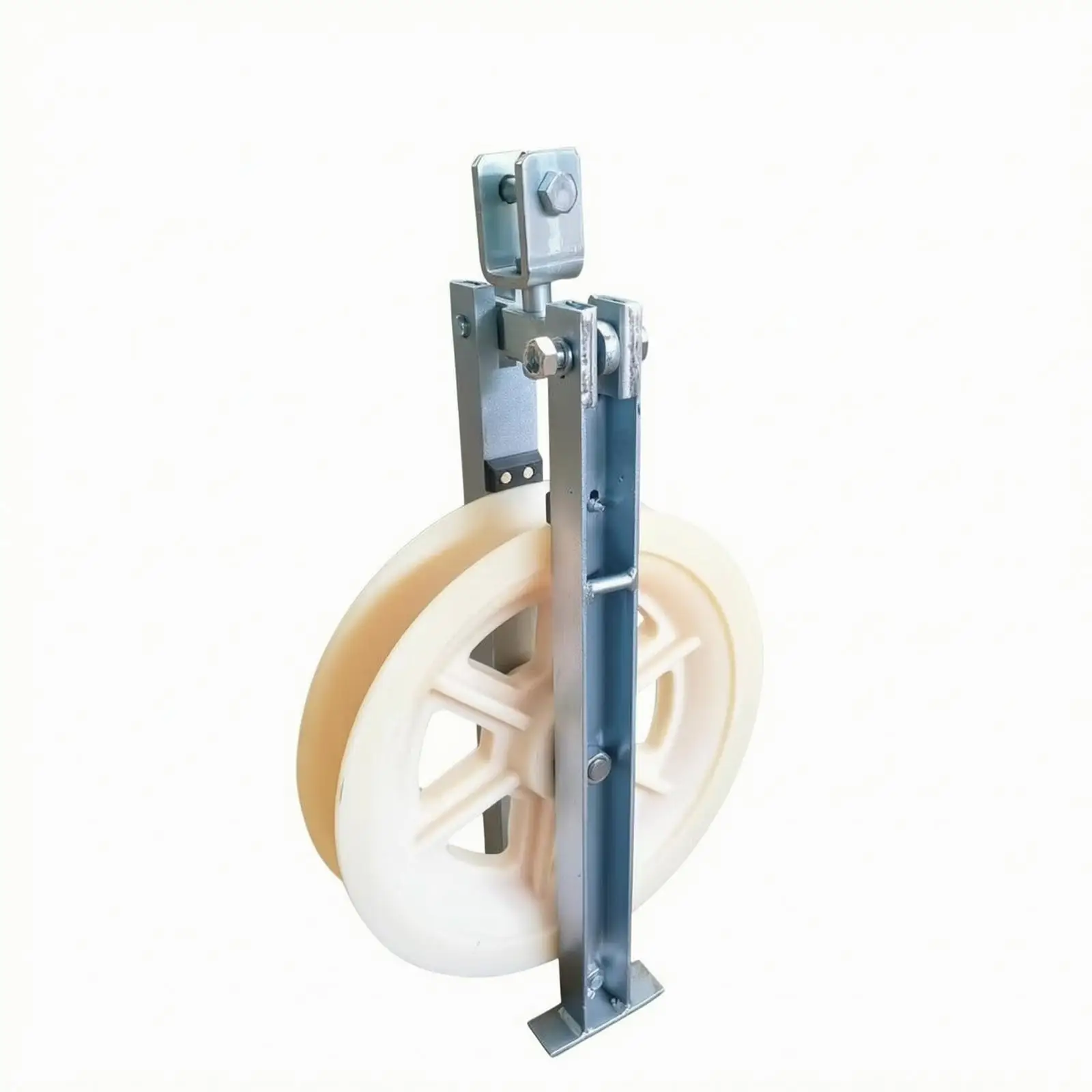 Heavy Duty Fiber Optic Cable Pulley Wheel Trolley with Nylon Guide for Safe Pulling and Routing on Construction Ground or