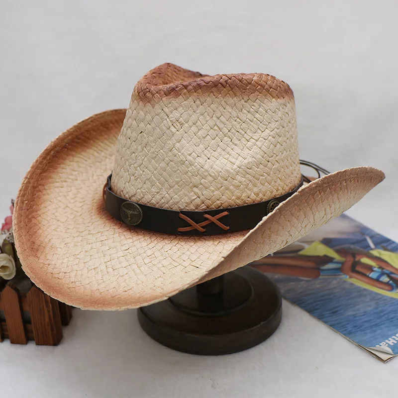 

Hot Sale Hand-woven Western Fashion Men's Distressed Retro Cowboy Hat Bull Head Decorative Sun Hat