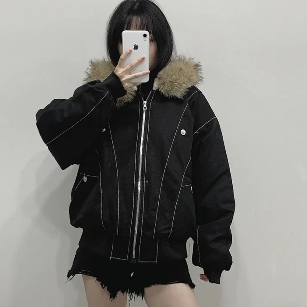 

Chic Winter Vintage Warm Fce Lined Hooded Jaet Loose Women's Cotton Coat Eagle Motif Casual Top with Fur Collar