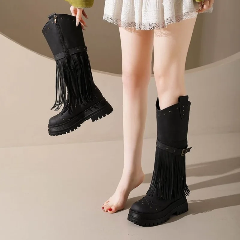

Large Size 42 Women Retro Ethnic Western Cowboy Boots Block Medium Heels Tassel Fringe Kneehigh Boot Lady Winter Shoes Fashion