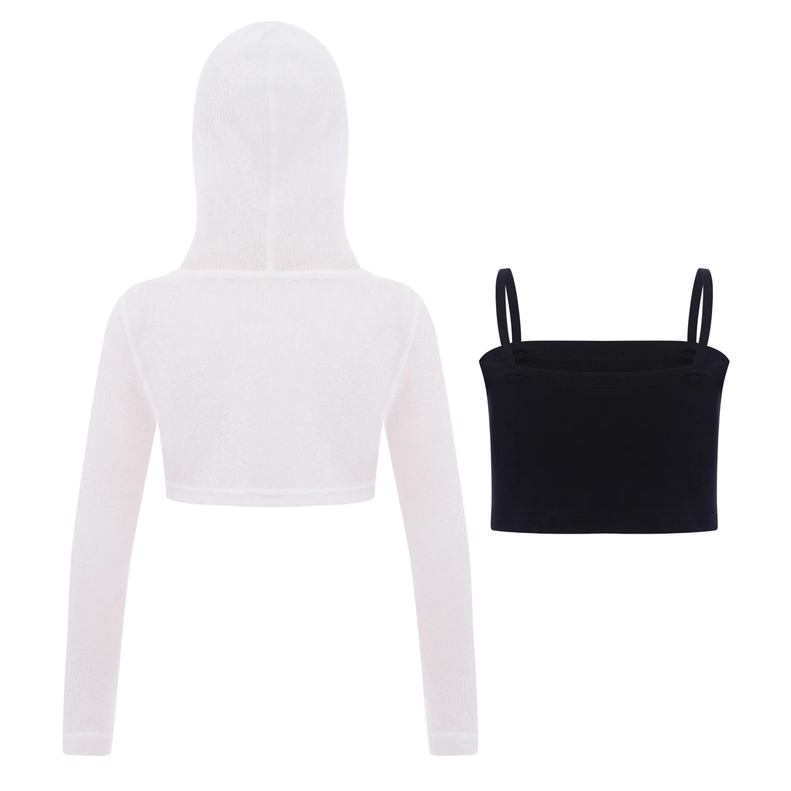 Conjunto de traje de baile de Hip Hop para niñas, Top corto de malla de manga larga con capucha y camisola sin mangas, traje de Jazz de estilo callejero, 2 uds.