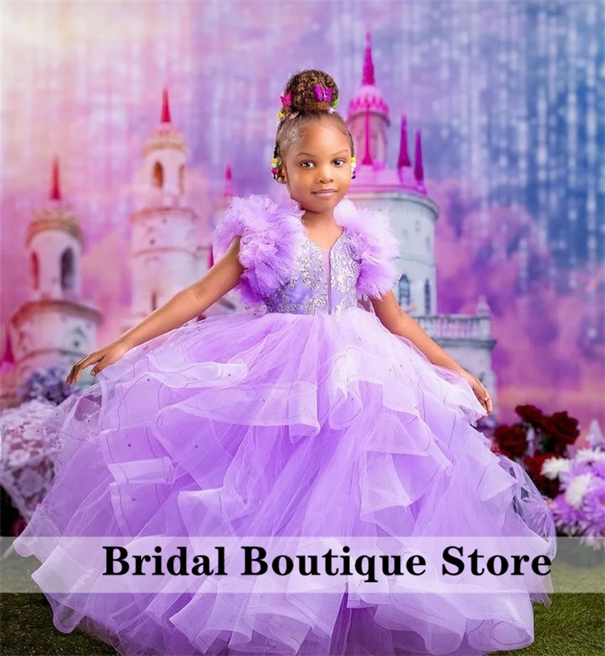 

Cute 2024 Lavender Purple Flower Girls Dress Bow Beading Tiered Ruffle Ball Gown Exquisite Child Birthday Party Gown Vestidos