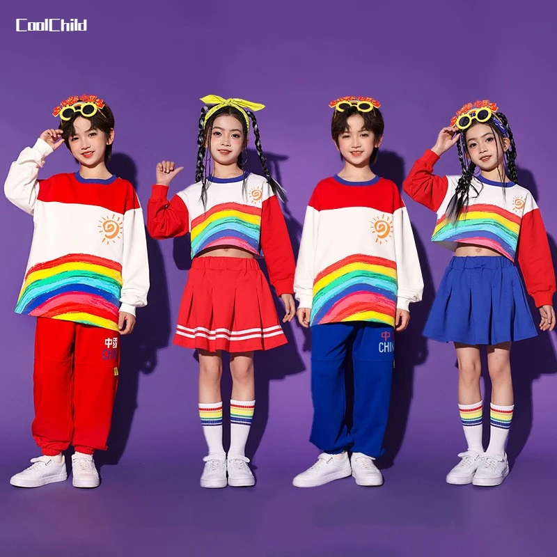 

Girls Hip Hop Rainbow Striped Crop Top Street Dance Skirts Boys Sweatshirt Joggers Pants Kids Jazz Clothes Sets Child Streetwear