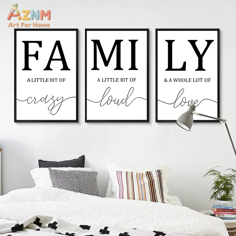 3pcs AZNM Family Inspirational Quote Canvas Wall Art, Minimalist Black White A Little Bit Crazy Loud Love Typography Poster, Nor