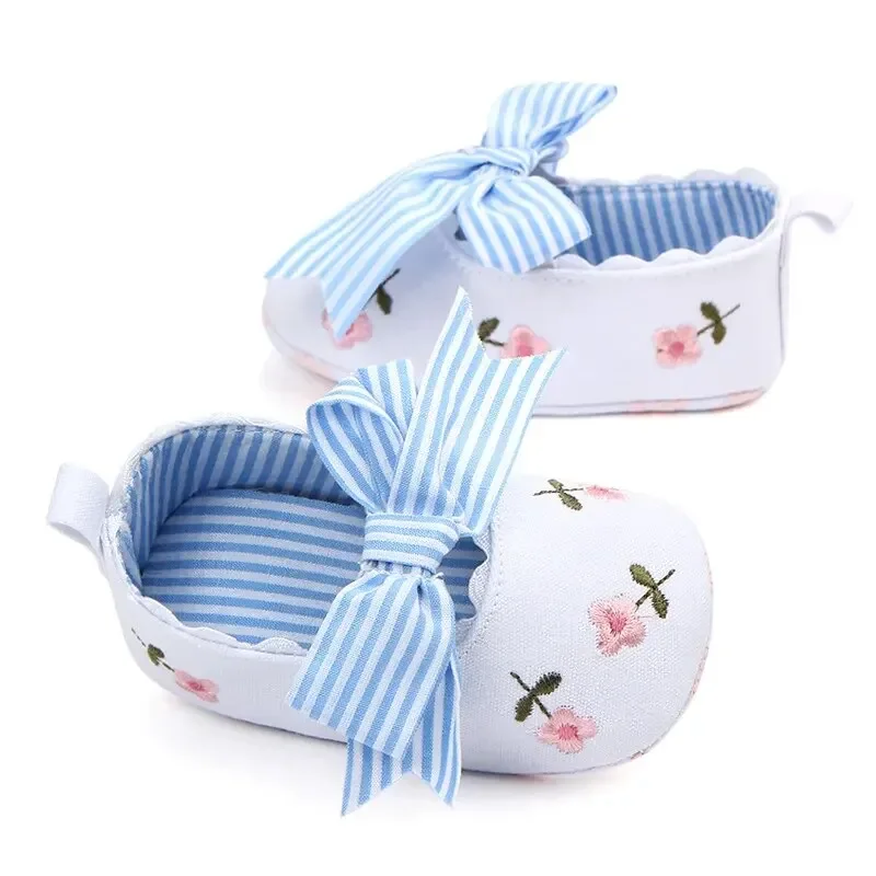 Meckior Bowknot sapatos impressos para meninas do bebê, sola macia, anti-derrapante, princesa rasa, primeiro Walker, berço, novo