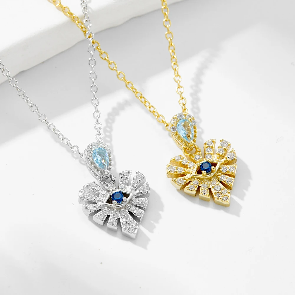 

FULSUN 925 Sterling Silver 14K Gold Plated Evil Eye CZ Zircon Hollow Heart Necklace for women