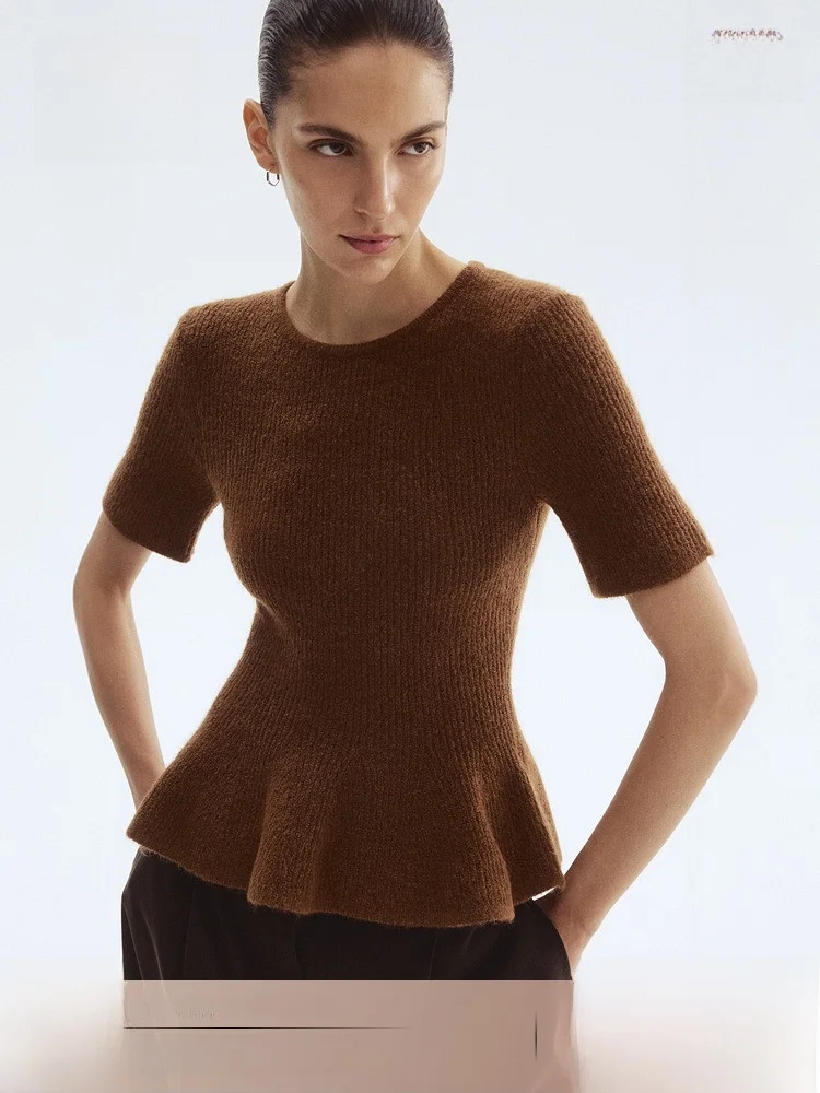 

H&M женский вязаный свитер с круглым вырезом и декоративным подолом, вязаный топ в рубчик, повседневный облегающий свитер из полиэстера, акриловой шерсти, спандекса