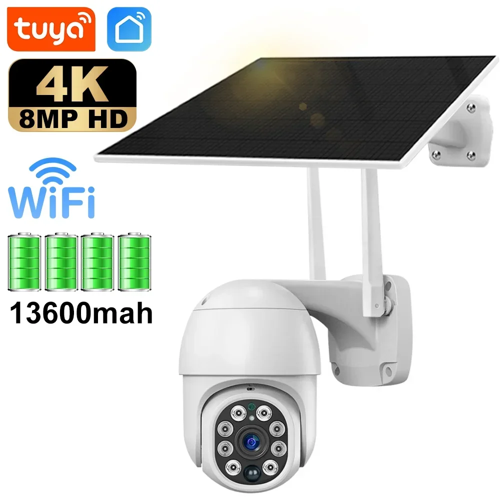 Caméra Wifi HD Tuya, solaire, détection PIR, vision nocturne, étanche, caméra de sécurité vidéo IP, 8MP 4K, batterie, moniteur CCTV