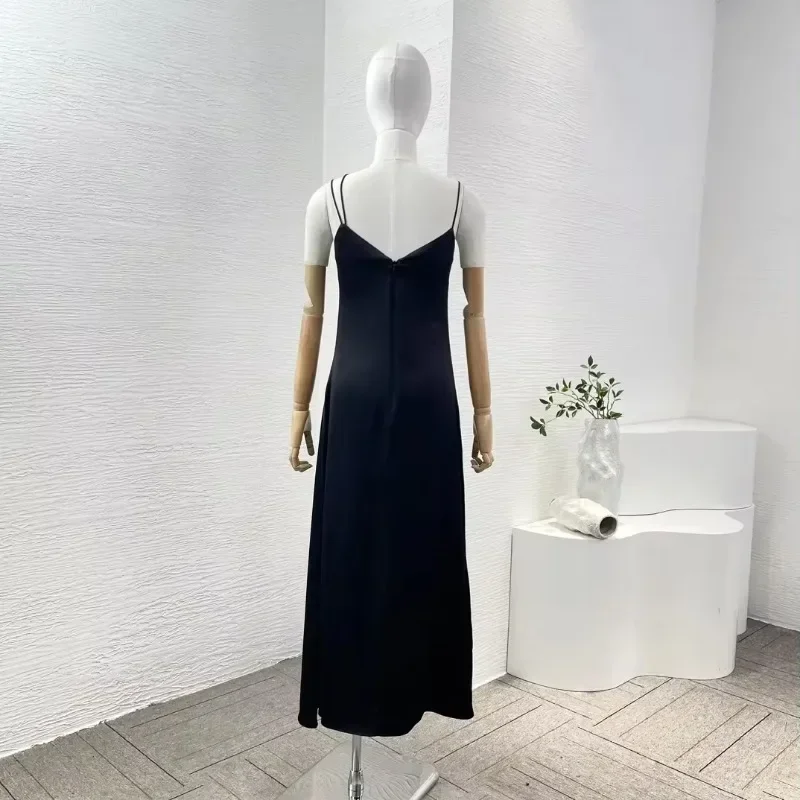 Cut Out Red Elegant Sleeveless High Quality Women Spaghetti Black Strap Midi Dress Metal Buckle Decoration